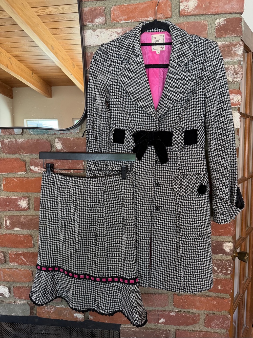 Nanette Lepore Black & White Houndstooth 2 Piece Set with Pink Lining